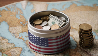 A jar with money featuring the USA flag rests on a map. Saving money for vacation, leisure. Financial planning, travel savings, holiday fund