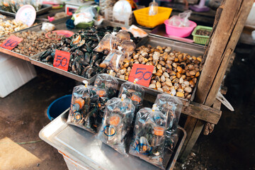 fresh shellfish,Fresh seafood for sale in local markets near the sea.