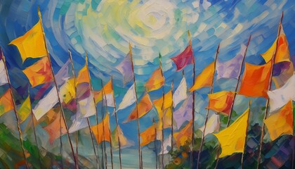 Colorful flags horizontal view oil colors pained