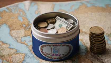 A jar with money featuring the Virginia flag rests on a map. Saving money for vacation, leisure. Financial planning, travel savings, holiday fund