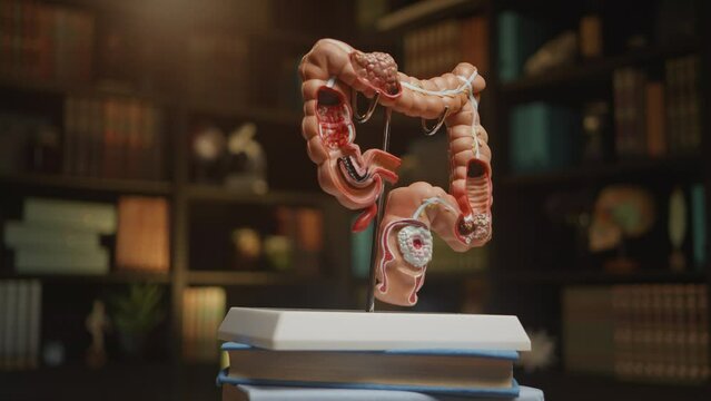 Large Intestine rotating model at the library on a stack of books, dark scene, corner with book shelves. Part of digestive system shown to explain details of anatomy and physiology. HQ 4k footage