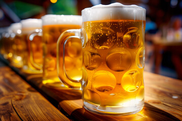 Beer mugs on a wooden table in a pub or restaurant.