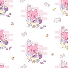 Seamless pattern with smiling pig takes bath with foam and rubber duck on white background. Cute funny kawaii animal character. Vector illustration. Kids collection