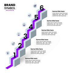 Infographic template. Isometric staircase with 6 steps and purple carpet