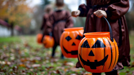 Los niños piden dulces con cubos de dulces en Halloween