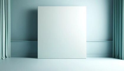 Empty canvas in a minimalist room with soft teal curtains, perfect for showcasing artwork, designs, and creative projects.