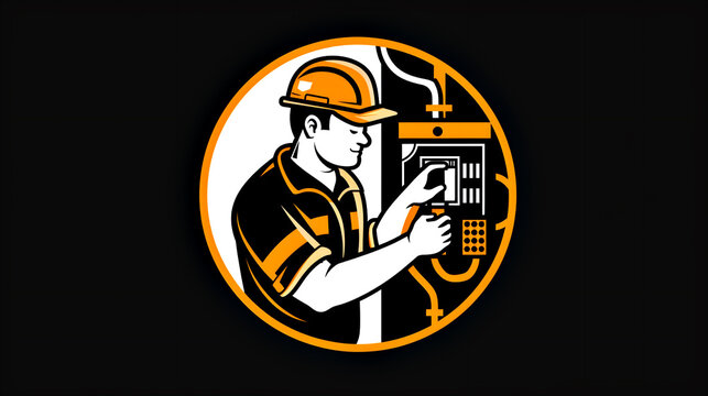 un diseño de logotipo para una empresa de reparación de electricidad con un tipo arreglando un cuadro de distribución