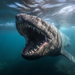 basking shark, swimming with its mouth wide open, in the deep blue sea, mood of awe and natural wonder, underwater photography style, avoid showing fishing gear or boats - obrazy, fototapety, plakaty