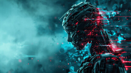 Cyborg on elementos visuales de infrarrojos rojos y rayos X azules 