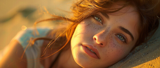mujer  tumbada en la arena de la playa con las sombras del sol de la hora dorada  - obrazy, fototapety, plakaty
