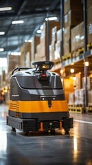 automated guided vehicle, transporting materials in an industrial warehouse, atmosphere of efficiency and automation, industrial photography style, avoid showing people - obrazy, fototapety, plakaty