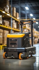 automated guided vehicle, transporting materials in an industrial warehouse, atmosphere of efficiency and automation, industrial photography style, avoid showing people