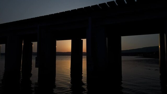 Drone aerial shot, sea, Ayame bridge, Sunset