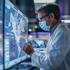 An infectious disease specialist reviewing global disease spread maps on a digital screen, in an office, analytical and concerned, detailed digital art, avoid alarming imagery - obrazy, fototapety, plakaty