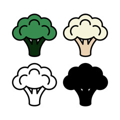 Broccoli and cauliflower set. Colored cabbage icons. Silhouette and outline. Delicious and healthy vegetables. Vegitarianism. Vector illustration.