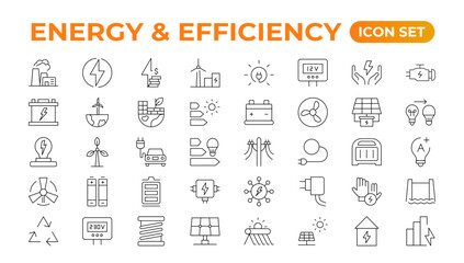 Set of Energy & Ecology line icons set. outline with editable stroke collection. Includes Eco Home, Nuclear Energy, Power Plant, Solar Energy.Simple set about energy efficiency and saving.