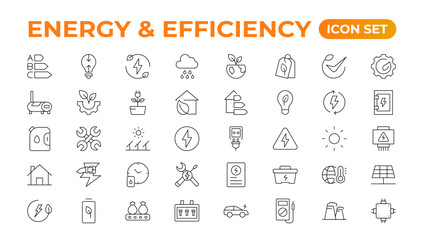 Set of Energy & Ecology line icons set. outline with editable stroke collection. Includes Eco Home, Nuclear Energy, Power Plant, Solar Energy.Simple set about energy efficiency and saving.