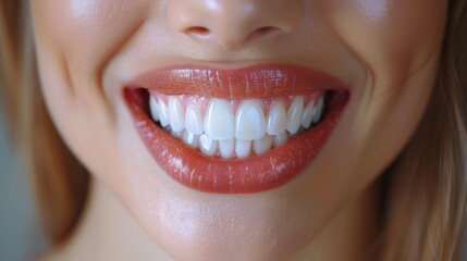 A close-up of a woman's healthy gums on a gray background