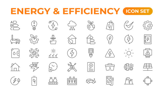 Set of Energy & Ecology line icons set. outline with editable stroke collection. Includes Eco Home, Nuclear Energy, Power Plant, Solar Energy.Simple set about energy efficiency and saving.