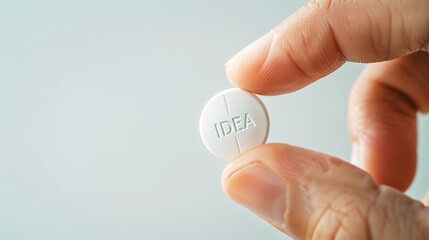 White round pill with text IDEA in hands, white background, copy space. Business marketing template. Generative AI