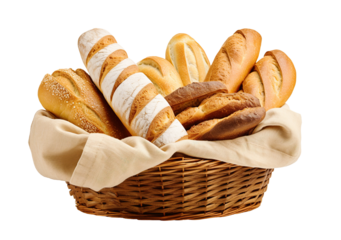 Wicker basket full of various bread loaves isolated cutout on transparent or white background.