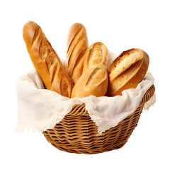 Wicker basket full of various bread loaves isolated cutout on transparent or white background.
