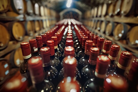 Wine bottles neatly stored in cellar