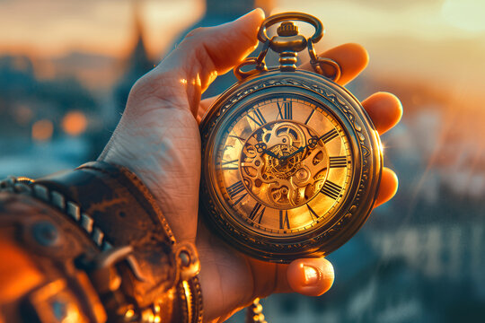 Vintage pocket watch held in hand on sunny day