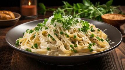 A plate of pasta adorned with vibrant green peas and fresh parsley, creating a mouthwatering and visually appealing dish