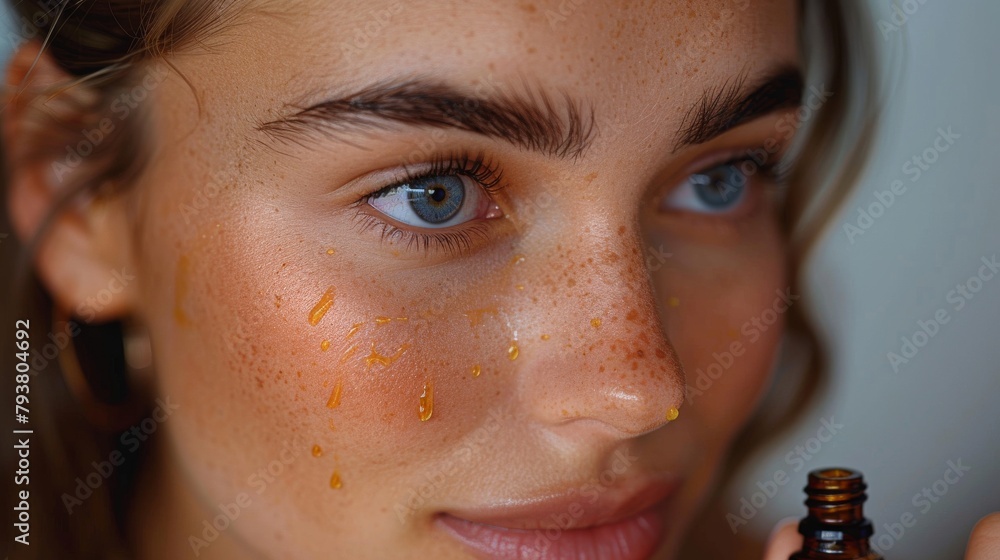 Poster The face of a woman is applied with essential oils, close-up