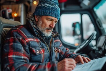 Truck Driver's Logbook A truck driver maintaining a logbook, highlighting record-keeping for regulatory compliance