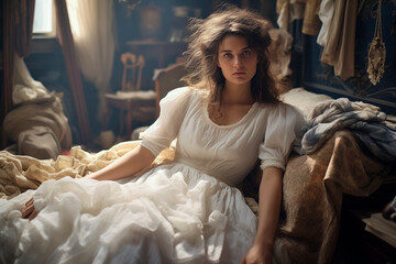 Obraz premium Portrait of a pensive 18th or 19th century woman in an elegant dress sitting on a bed in a bedroom. AI generated.