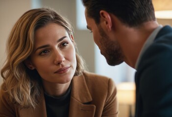 A woman and a man engaged in a close conversation. Emotional connection and communication.