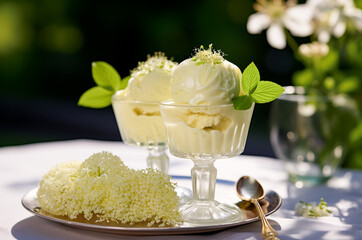 Elderflower Sorbet with fresh flower decorations. Two elegant glasses presented horizontally on a tray in an outdoor setting.