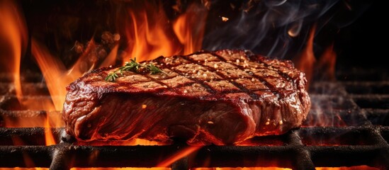 Flames grilling steak close-up - obrazy, fototapety, plakaty