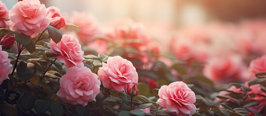 Pink roses blooming in garden - obrazy, fototapety, plakaty