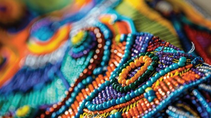 Close-up of intricate beadwork by indigenous artisans, showcasing rich traditions. Indigenous Peoples Day, August 9