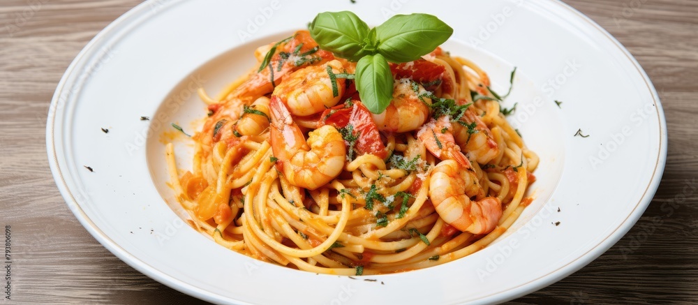 Poster Plate of shrimp and tomato pasta