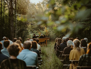 Worshipers gather in a serene outdoor setting to hold a church service surrounded by nature.