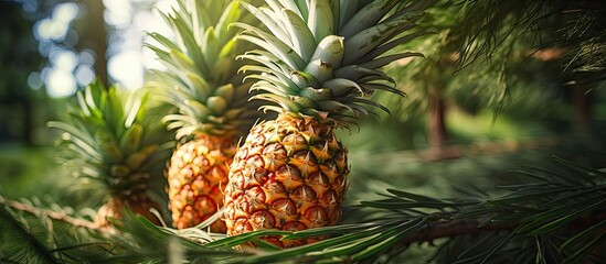 Two ripe pineapples hanging on tree branch with foliage