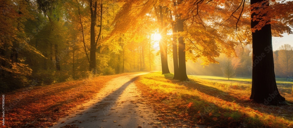 Poster a peaceful forest path with sunlight filtering through the trees