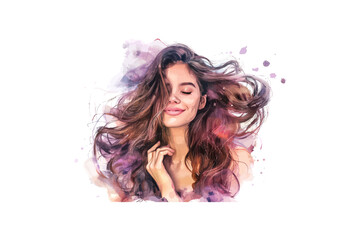 Watercolor Portrait of a Joyful Woman with Flowing Hair. Vector illustration design.