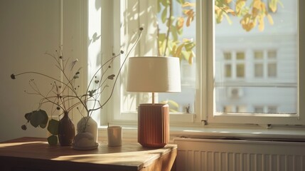 Light lamp decoration on in living room interior, natural  light from glass window, with potted plant decoration.