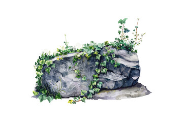 Watercolor Illustration of a Lush Ivy-Covered Rock. Vector illustration design.