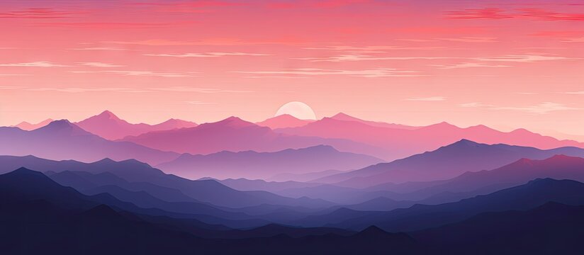 A pink sunset behind mountain range with pink sky