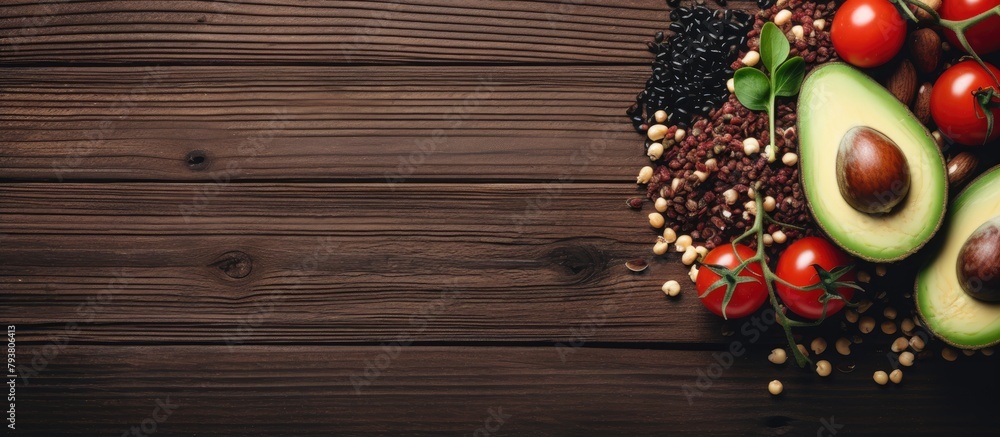 Poster A bowl filled with ripe fruits and fresh vegetables on a wooden table