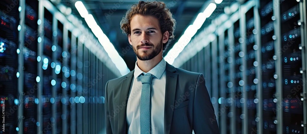Poster man in formal attire in data center