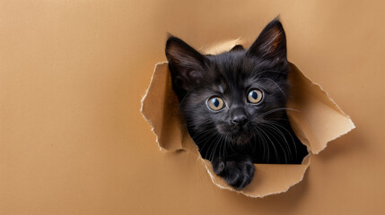 Cute kitten sticking its head out of the hole in kraft paper background