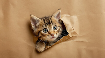 Cute kitten sticking its head out of the hole in kraft paper background