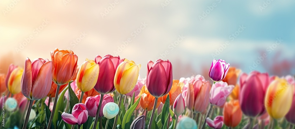 Wall mural Field of vibrant tulips under clear blue sky